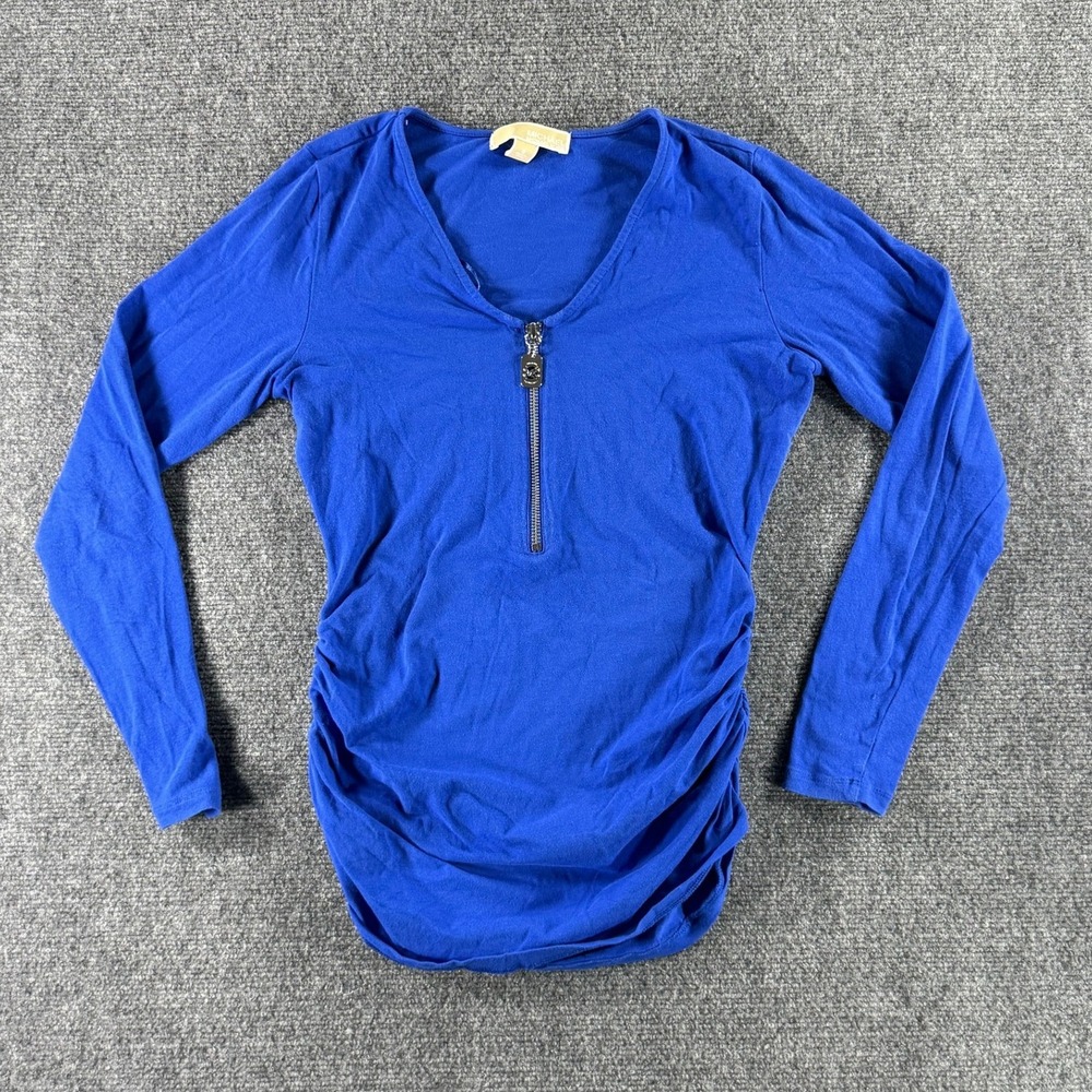 Michael Kors Womens Royal Blue Ruched Long Sleeve V-Neck Zipper Top Size S